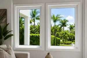Two modern white impact windows with clear laminated hurricane glass in a bright South Florida living room
