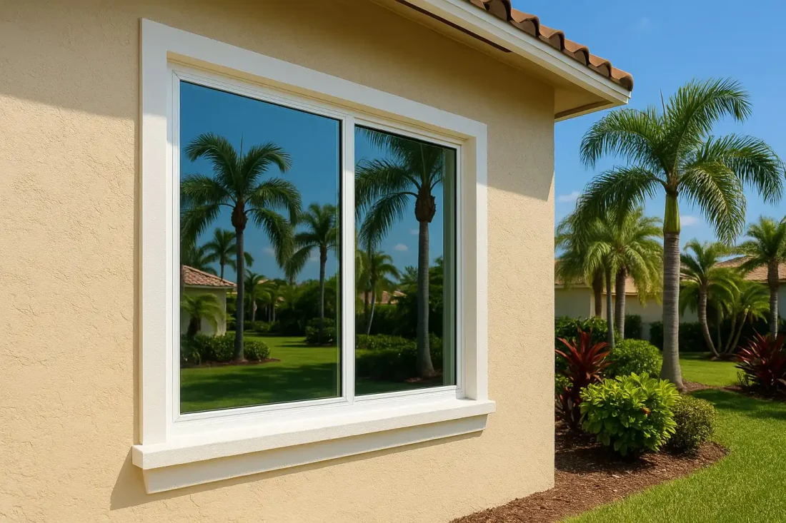A new white-framed hurricane impact window installed in a South Florida stucco home framed by palm trees