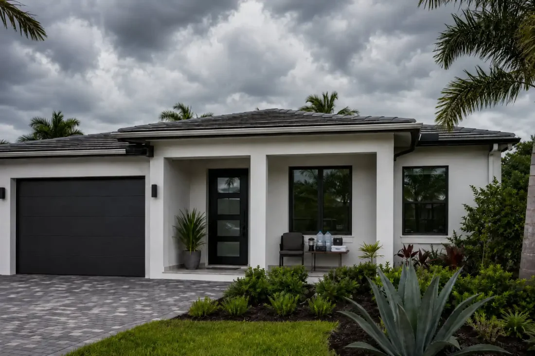 South Florida home with impact windows and a hurricane supply kit on the covered porch under a cloudy pre-storm sky