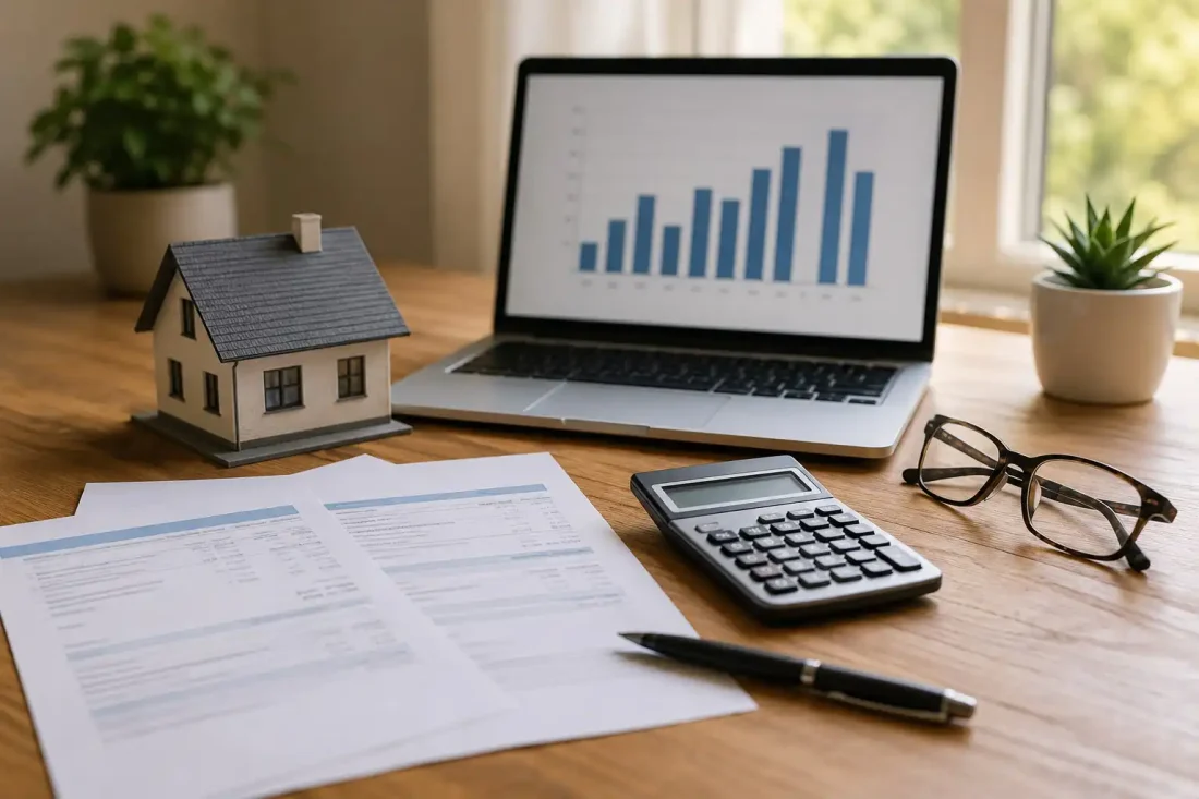 Property tax bill, calculator, and a small model house on a desk representing PACE financing for impact windows